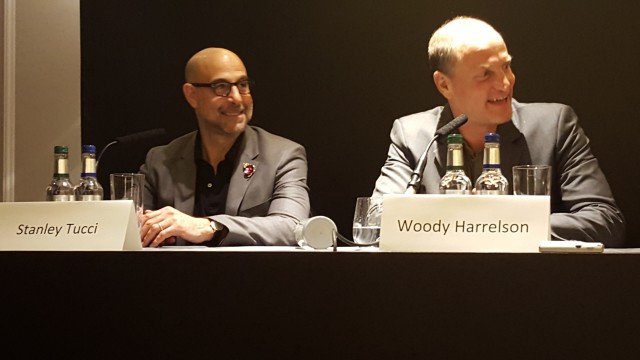 Stanley Tucci, Woody Harrelson, attend the UK Press Conference of The Hunger Games Mockingjay Part 2. Photo Credit: Zehra Phelan