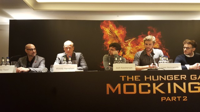 Stanley Tucci, Woody Harrelson, Josh Hutcherson, Liam Hemsworth and Sam Clafin attend the UK Press Conference of The Hunger Games Mockingjay Part 2. Photo Credit: Zehra Phelan