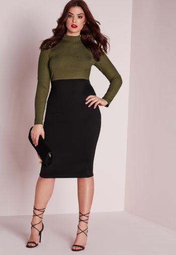 plus size contrast ribbed midi dress khaki