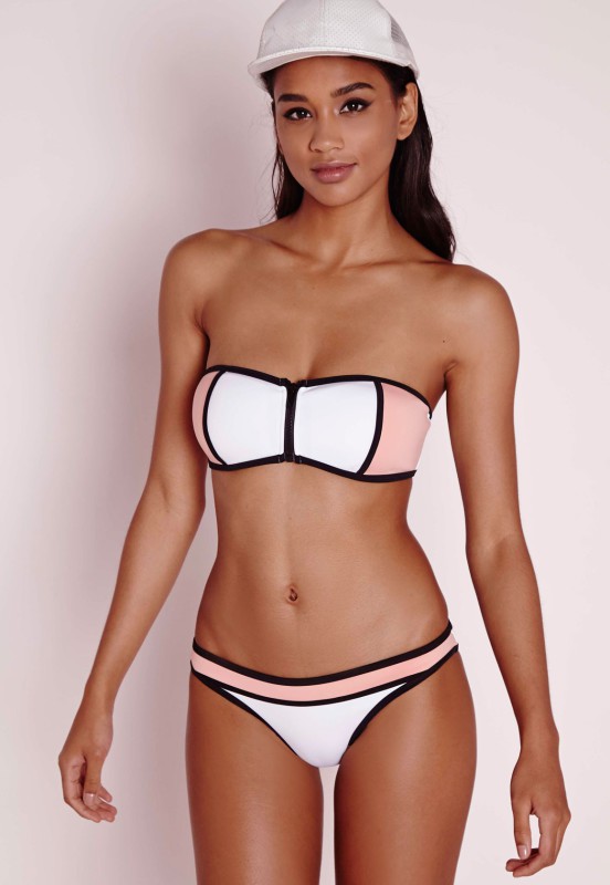 zip front colour block bandeau bikini top peach - mix & match