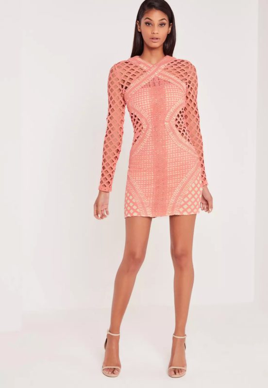 carli bybel long sleeve lace cut out bodycon dress pink