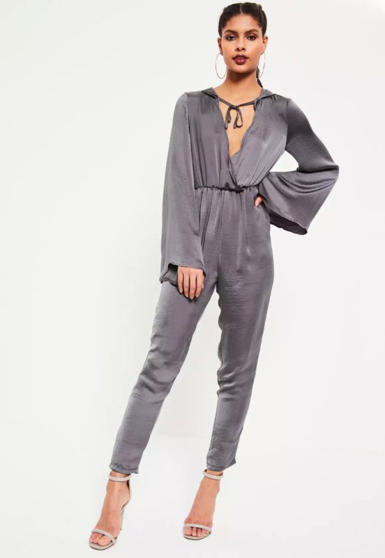 grey satin wrap lightweight hooded jumpsuit