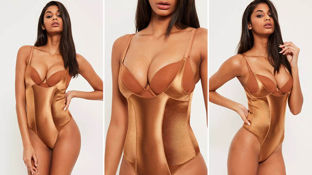 tan shiny high control bodysuit