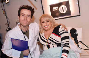 Rebel Wilson takes on the heart rate monitor challenge on The Radio 1 Breakfast Show with Nick Grimshaw Nick Grimshaw and Rebel Wilson