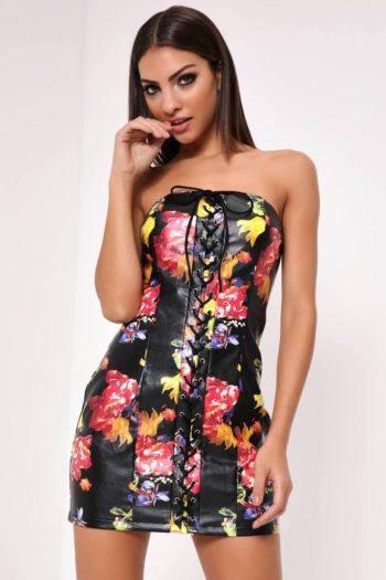 Black Floral Bandeau Lace Up Mini Dress