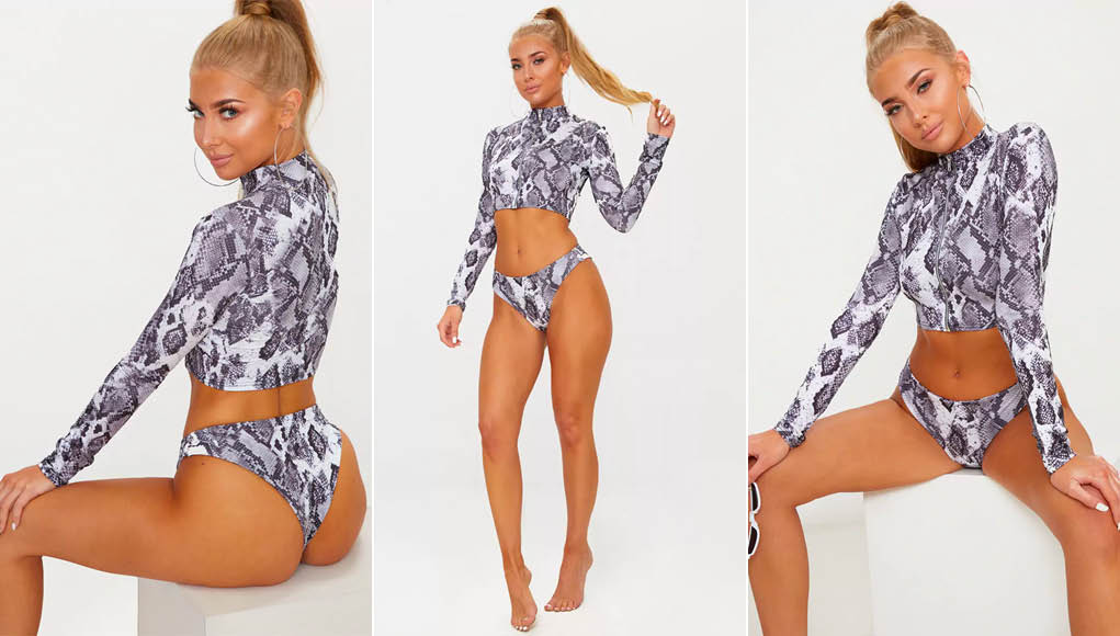 Grey Snake Long Sleeved Zip Up Bikini Top & Bottom