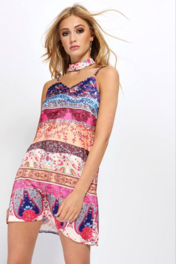 Multi Patterned Choker Slip Dress