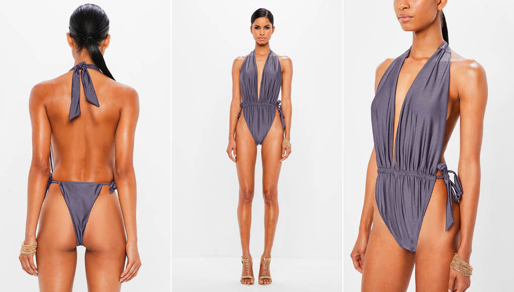 peace + love grey deep plunge low back swimsuit