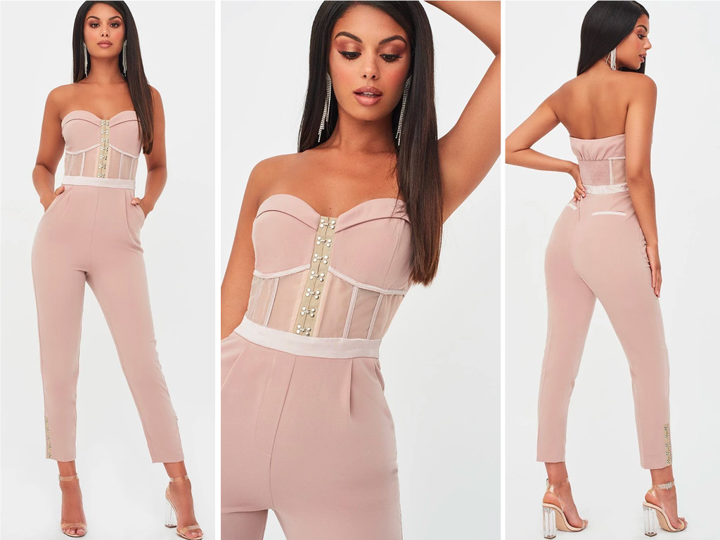 rosie connolly sheer contrast bandeau jumpsuit in mink