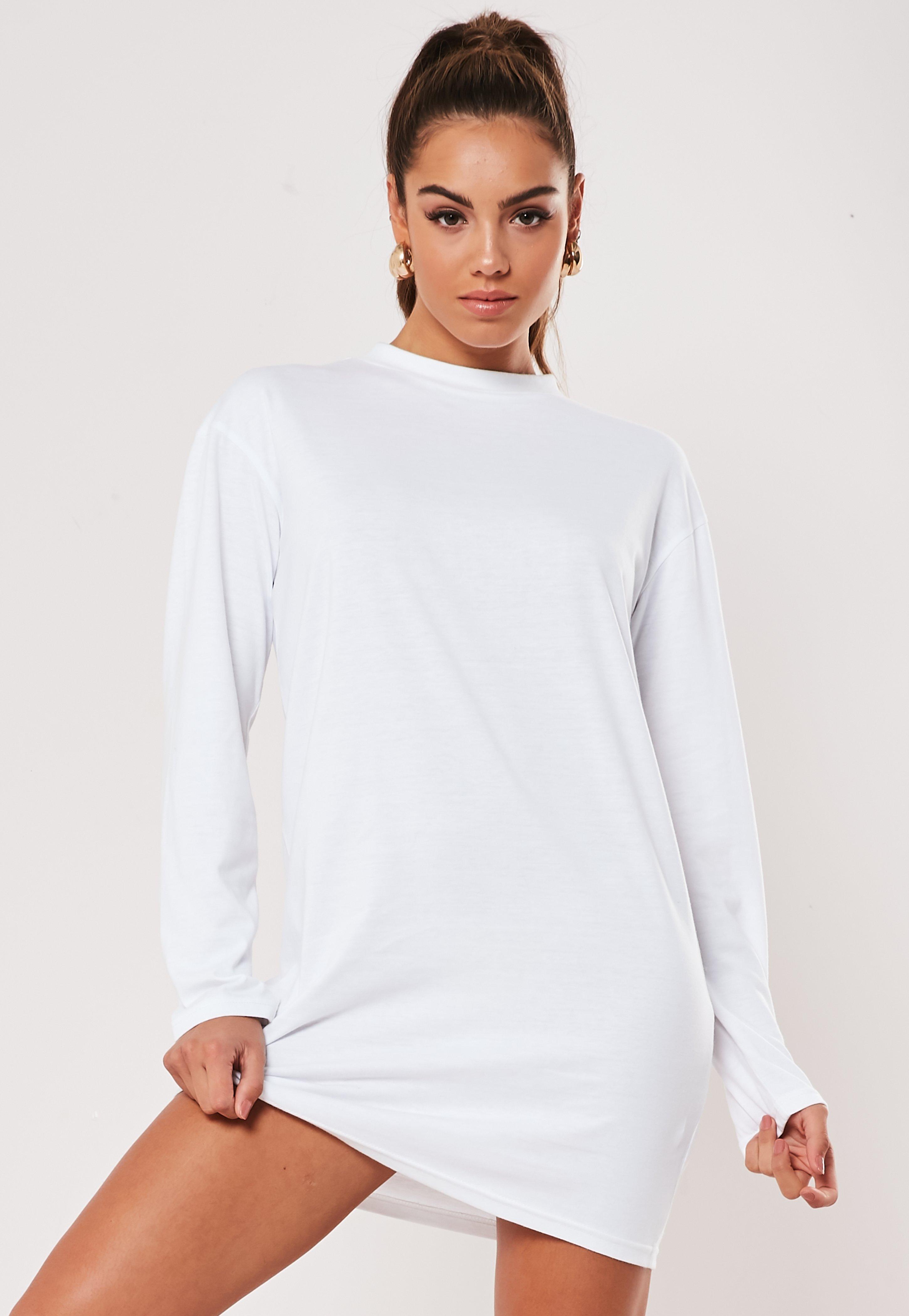 white basic long sleeve t shirt dress