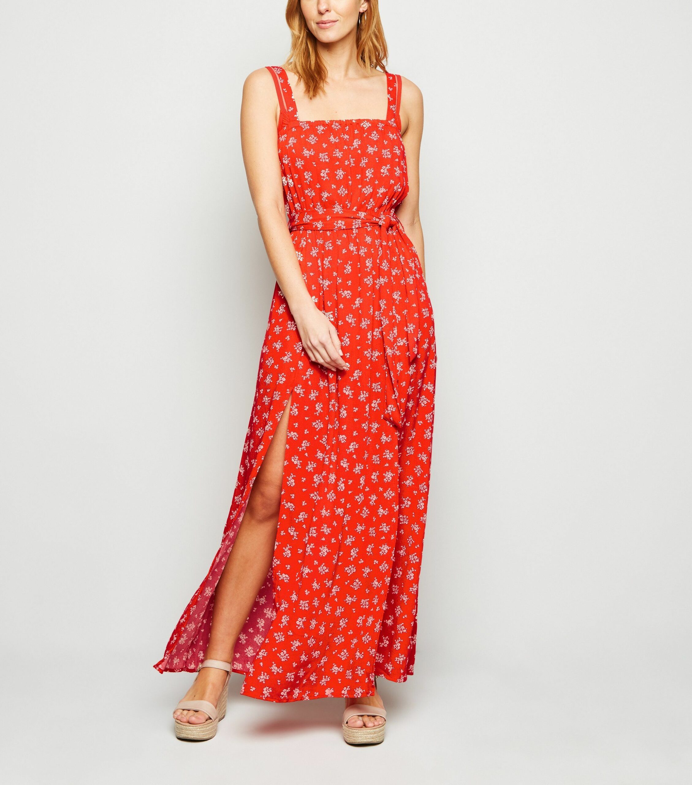 Red Ditsy Floral Maxi Beach Dress