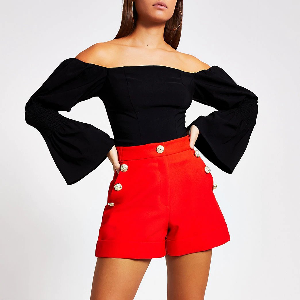 Red button front womens shorts