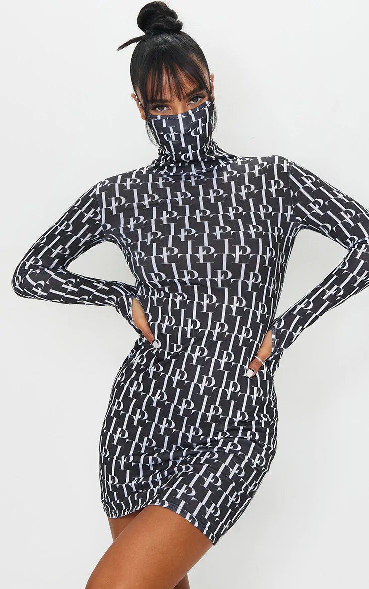 Black and White Long Sleeve Mask Bodycon Dress