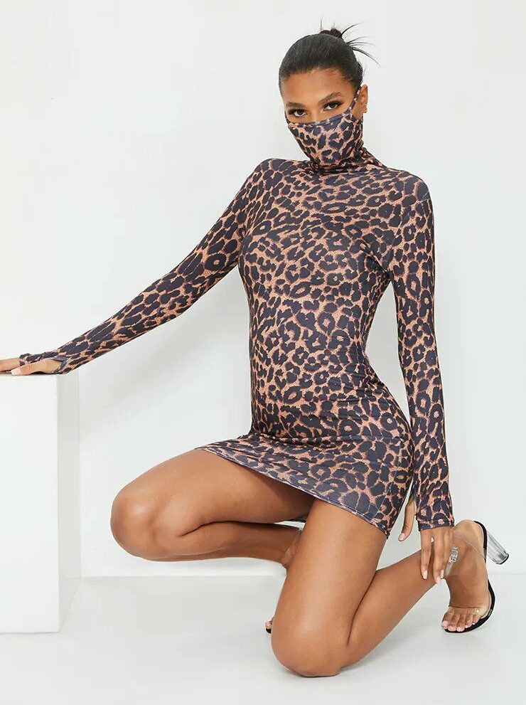 Tan Leopard Print Long Sleeve Mask Bodycon Dress
