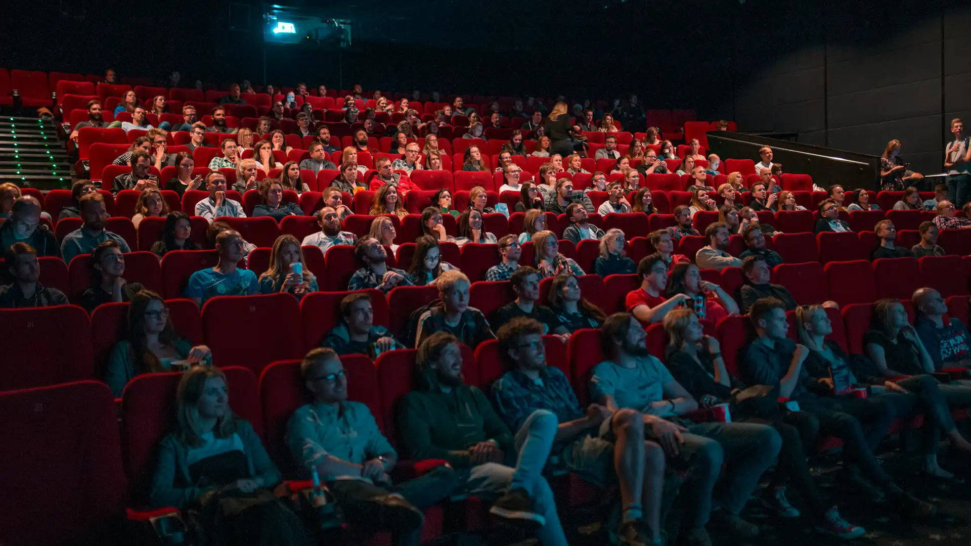 Rows of people sitting in cinema chairs in a theatre auditorium
