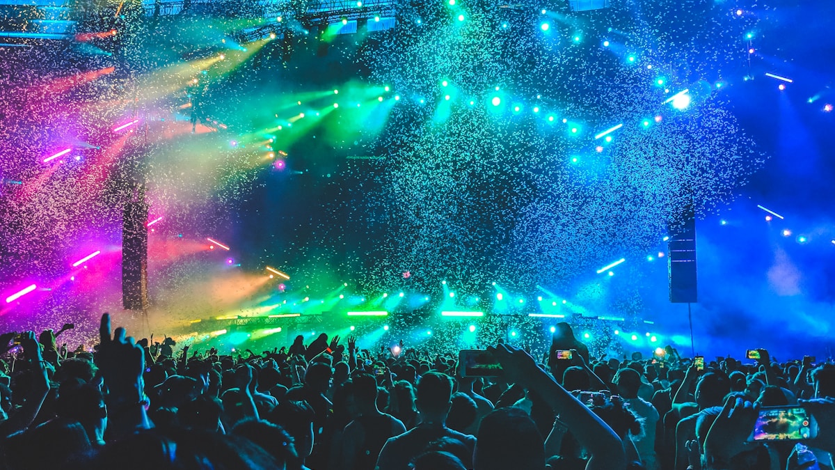 Festival crowd at an electronic music event with colourful stage lighting