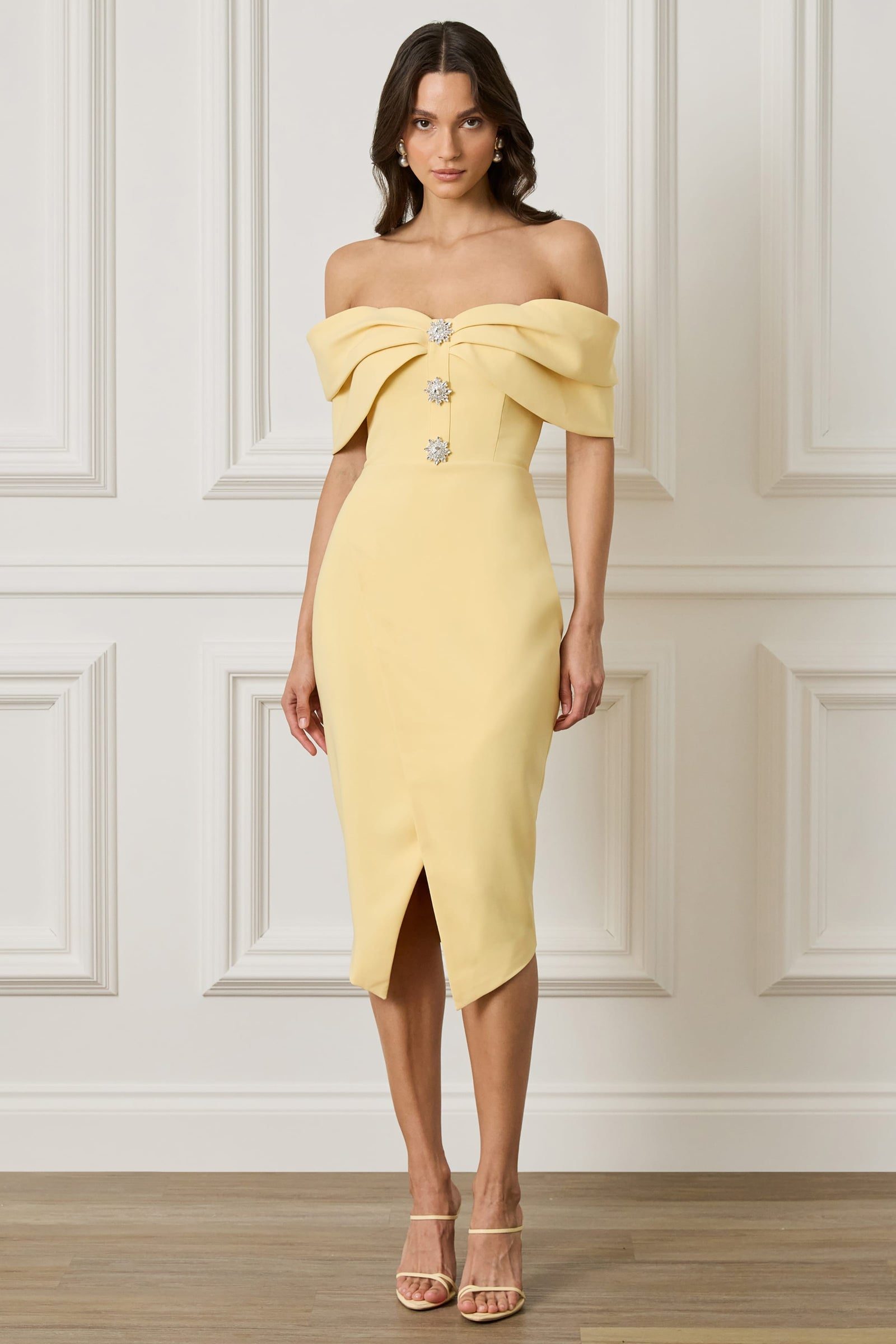Lavish Alice Elyse off-shoulder embellished wrap dress in yellow