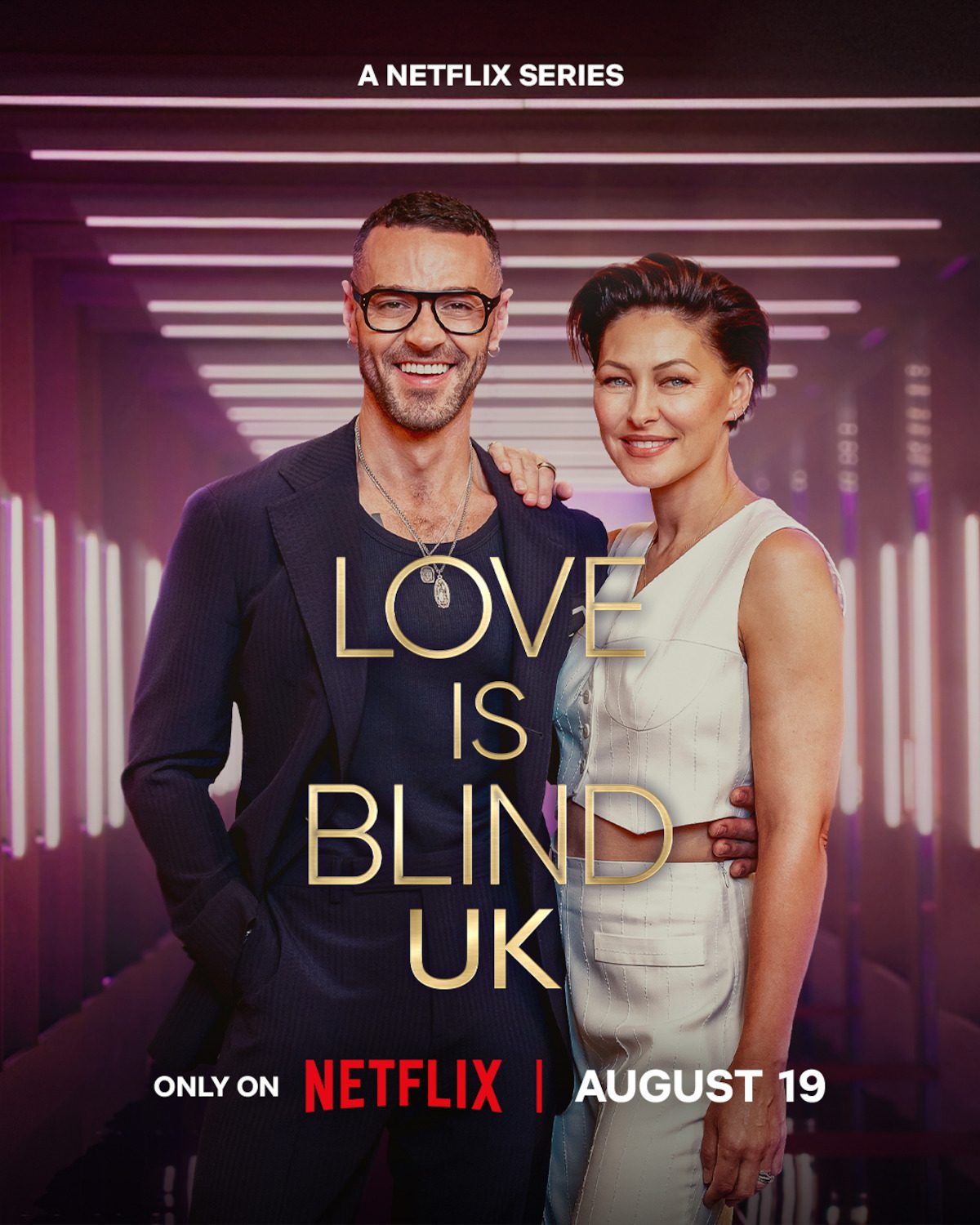 Love Is Blind UK series 3 key art with hosts Matt and Emma Willis