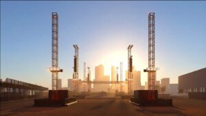 Site render of the Magazine Open-Air stage against the London skyline at sunset