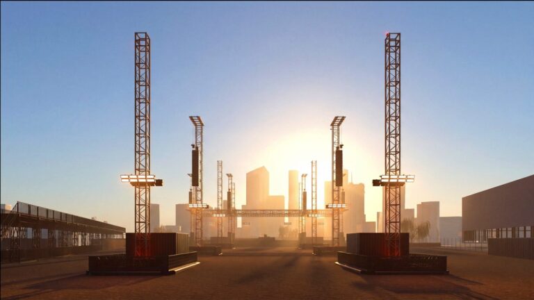 Site render of the Magazine Open-Air stage against the London skyline at sunset