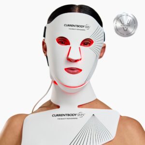 Model wearing the CurrentBody Skin LED Face and Neck Kit, the mask lit red
